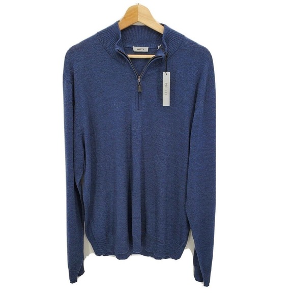 Mette Mens 1/4 Zip Mock Pullover Sweater 100% Merino Wool Blue Size XL